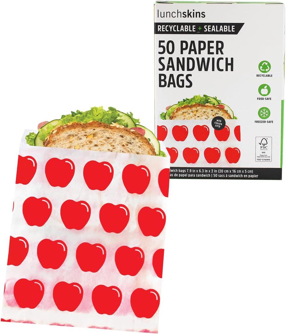Lunchskins Paper Sandwich Bags - Sealable, Recyclable & Grease-Resistant - Disposable Snack Bags for Kids & Family - Self-Adhesive Closure for Freshness - Perfect for On-the-Go & Home Use (Apple)