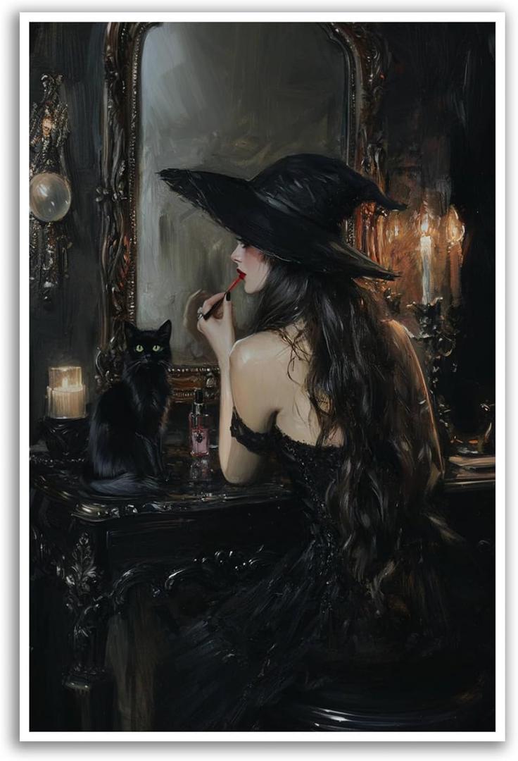 FWLBUGRA Witch lipstick print gothic bathroom wall art black cat dresser poster moody witch decor dark feminine canvas12x18in-Frameless