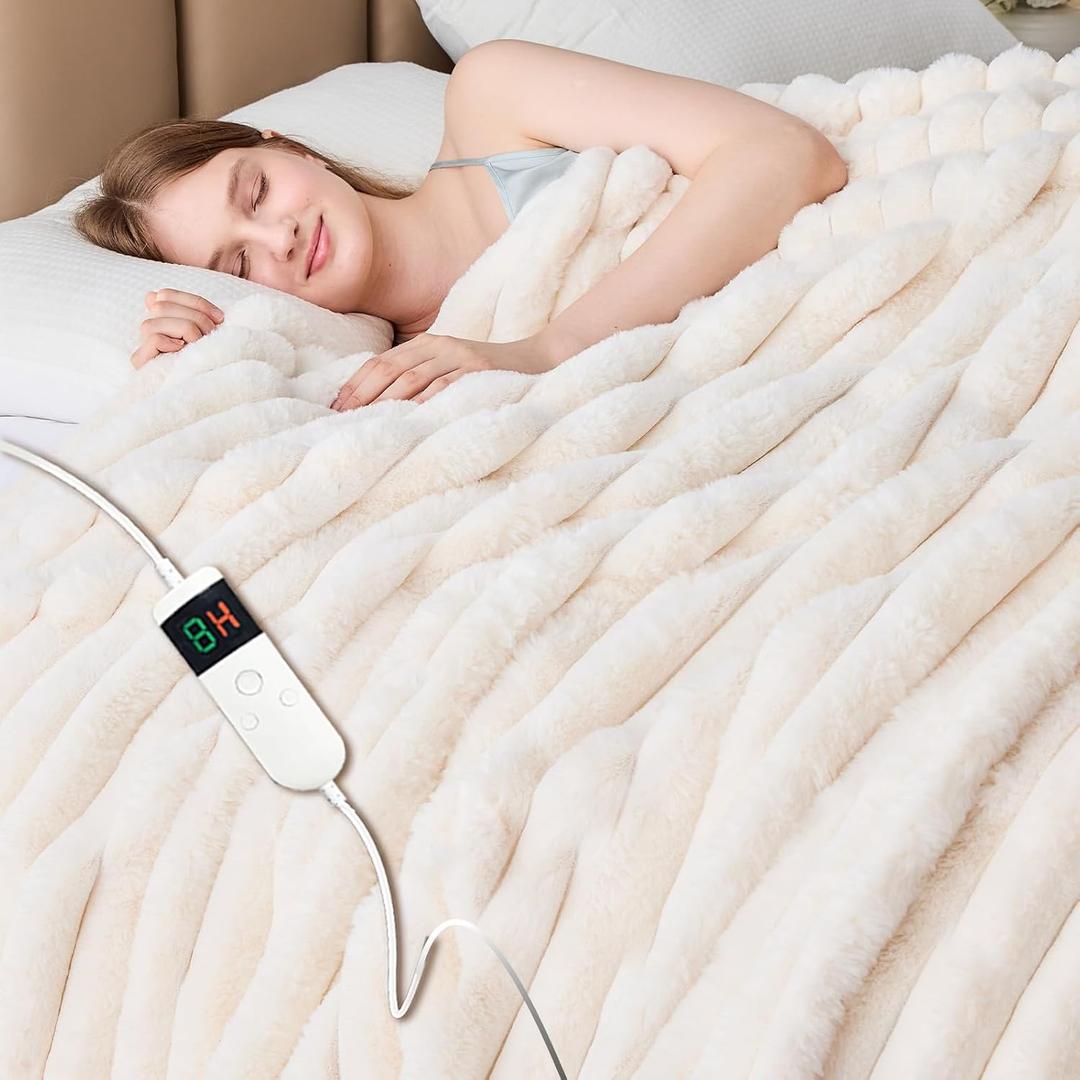 Heated Blanket Electric Thick Striped Flannel Heating Blanket Throw Blanket 50"x60",10 Heat Settings, 1-12 Hour Auto Off, Fast Heating Heating Blanket with Overheat Protection.