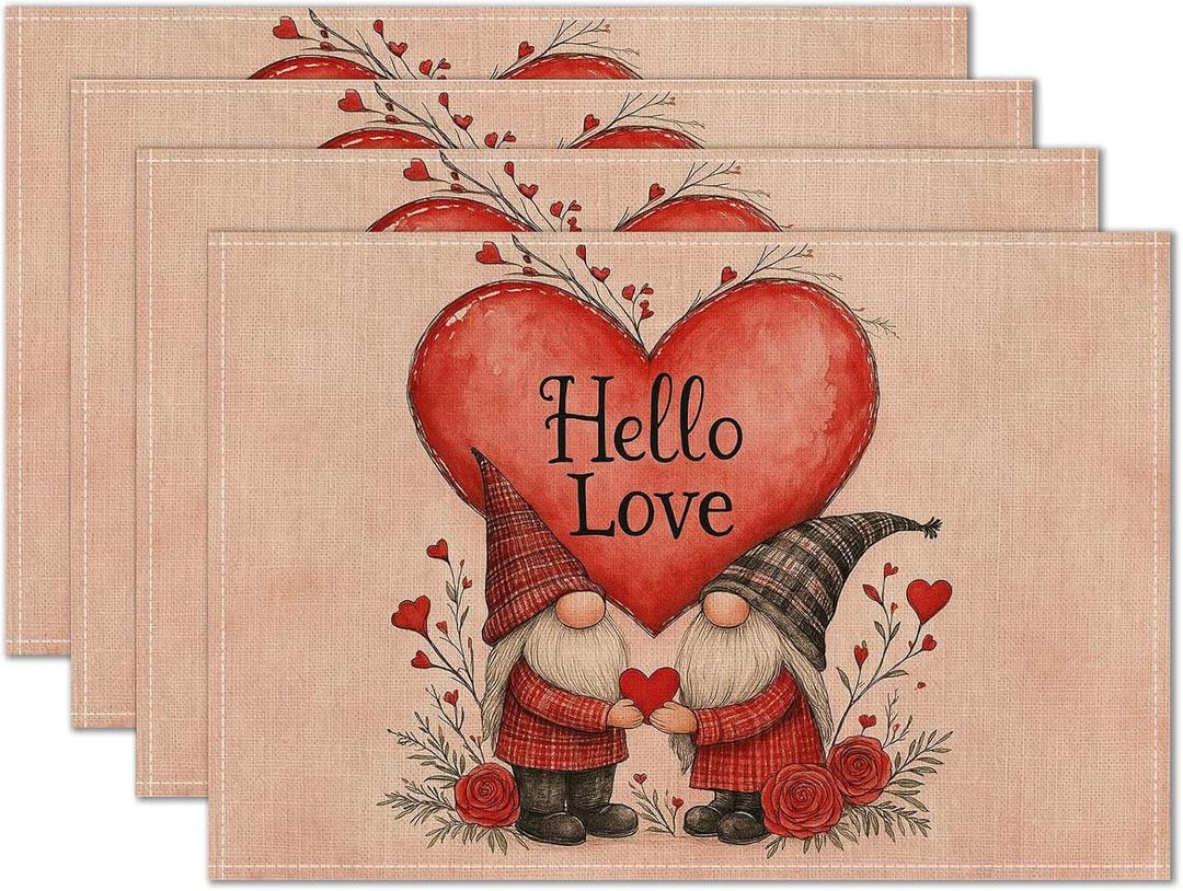 Valentine Placemats Set of 4 12x18 inch Gnome Table Mats for Dining Linen Placemats Farmhouse Kitchen Decorations Desk Mat for Outdoor Home Party Kitchen Seasonal (Color*39)