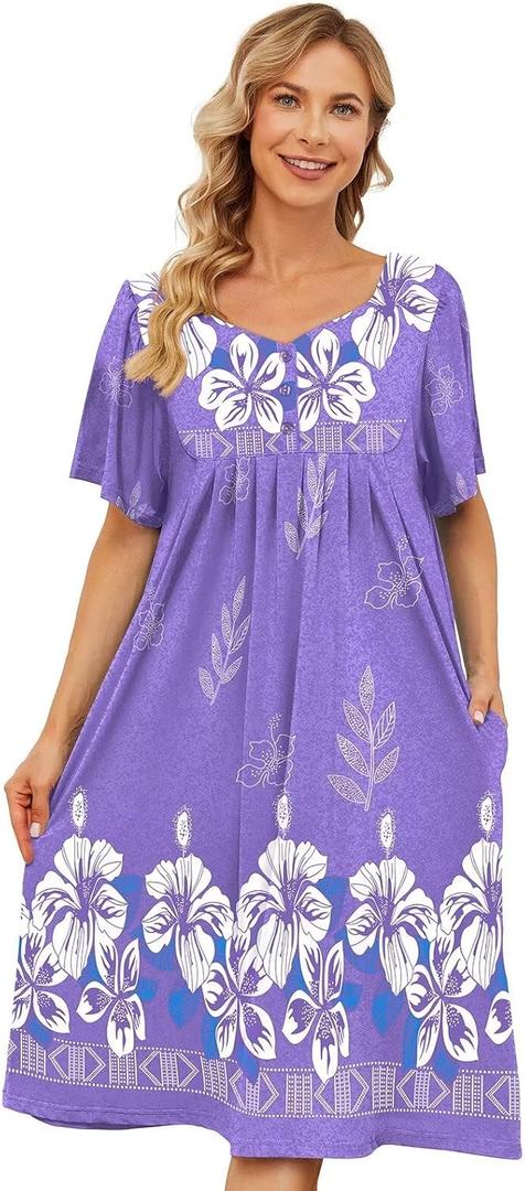 House Dresses for Women with Pockets Moo Moo Nightgown Short Sleeve Mumu Dress Lounge Dress S-5XL (Medium, Purple)