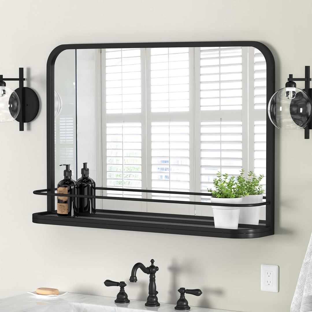 Large Bathroom Mirror with Shelf, Matte Black Modern Farmhouse Bathroom Vanity Mirror for Wall, Rectangle Metal Framed Wall Mirror for Bathroom Living Room,Entryway 31.5" x 21.6" (31.5"L x 21.6"W)
