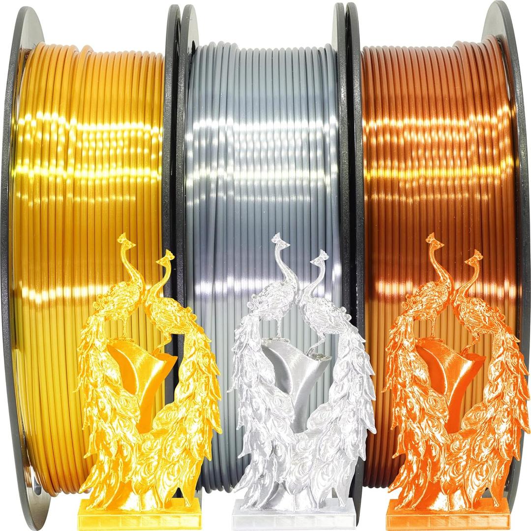 3 x Shiny Silk Gold Silver Copper PLA Filament Bundle, 1.75mm 3D Printer Filament, Each Spool 0.5kg, 3 Spools Pack, with One 3D Printer Remove or Stick Tool MIKA3D