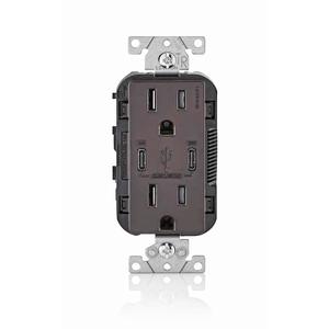 Leviton 30W (6A) USB Dual Type-C/C Power Delivery In-Wall Charger with 15A Tamper-Resistant Outlet, USB Charger for Smartphones, Tablets, Laptops, T5635-B, Brown Leviton 30W (6A) USB Dual Type-C/C Power Delivery In-Wall Charger with 15A Tamper-Resistant Outlet, USB Charger for Smartphones, Tablets, Laptops, T5635-B, Brown