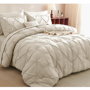 CozyLux King Size Comforter Set Oatmeal, 7 Pieces Pintuck Bed in A Bag Oatmeal Comforter King Size, Pinch Pleat Bedding Set with All Season Comforter, Sheets, Pillowcases & Shams 