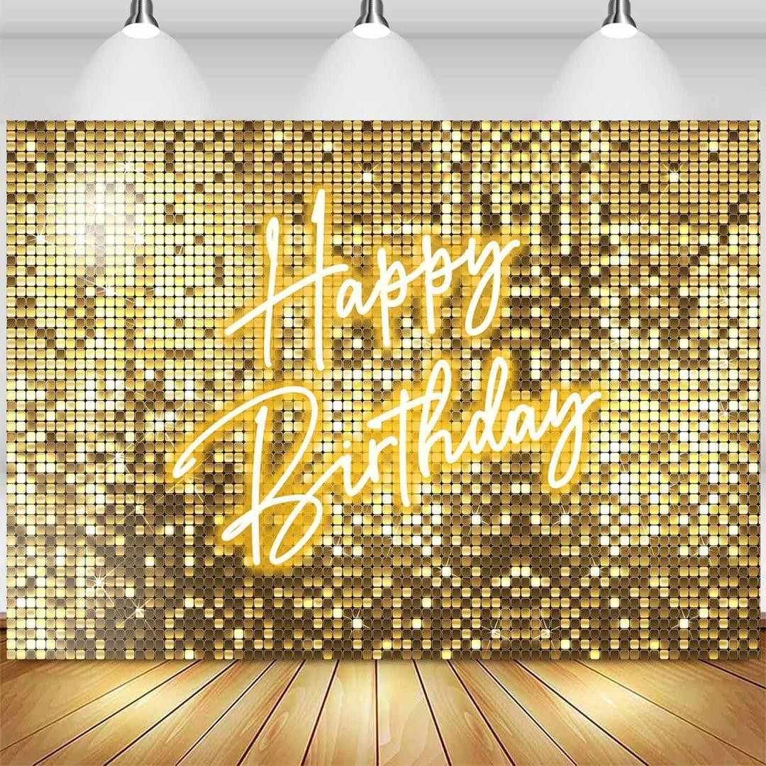 Sensfun Gold Birthday Backdrop 7x5ft Photography Happy Birthday Backdrop for Women Girls Shining Golden Shimmer Wall Neon Bday Background Party Decorations Banner Photo Booth Props Supplies