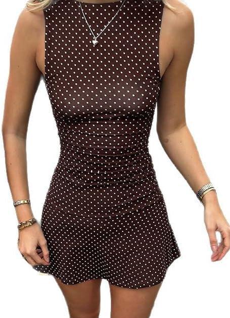 Polka Dot Mini Dress for Women Sleeveless Round Neck Bodycon Flared Hem Casual Summer Outfit 2025 (S)
