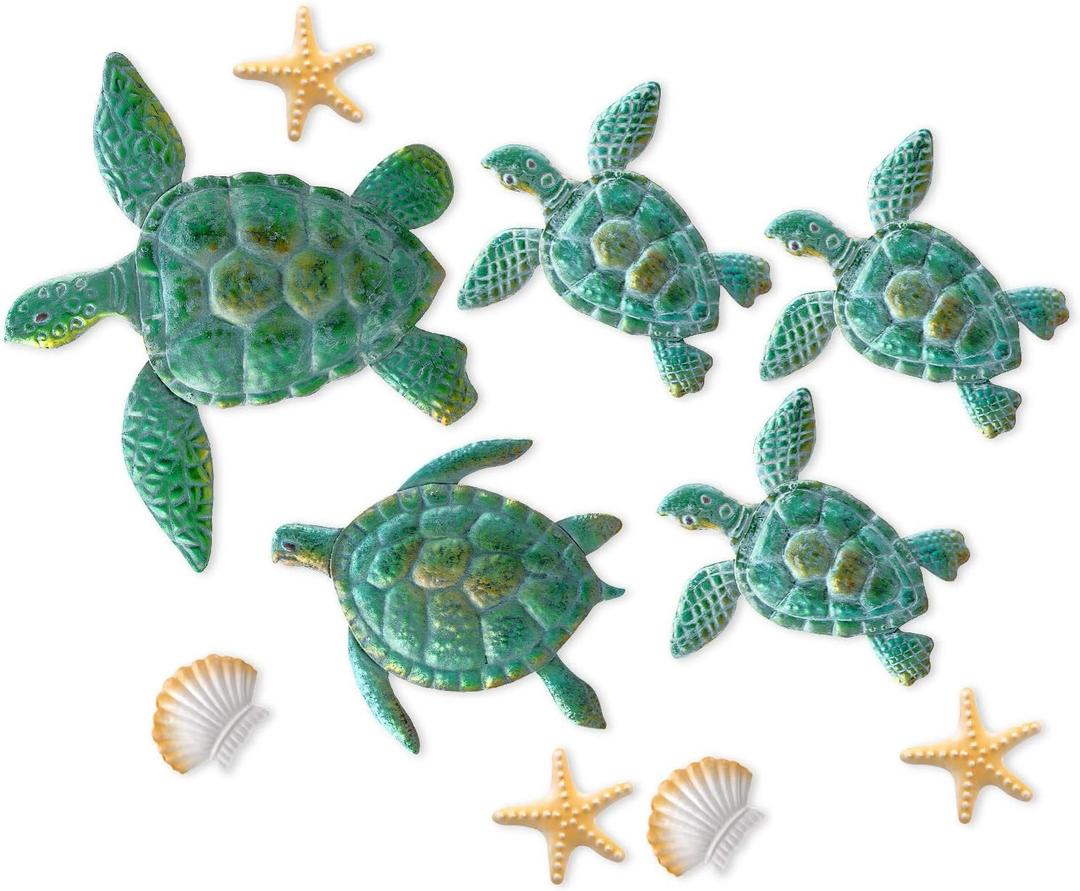 Mudder 10 Pieces Sea Turtle Wall Decor 3D Ocean Turtle Starfish Ornaments Shell Wall Ornaments Beach Theme Wall Art Decorations for Indoor Outdoor Garden Wall (Aqua)
