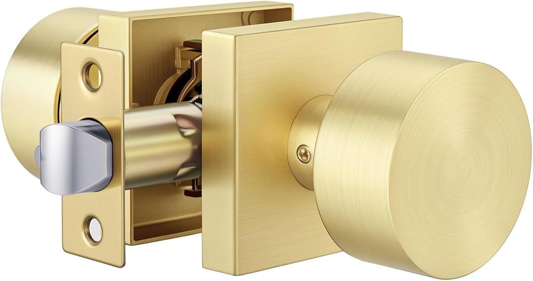 Goldenwarm Brushed Gold Passage Door Knob Interior, Zinc Alloy Brushed Gold Door Knob for Hallway & Closet & Living Room, Non-Locking Function, Adjustable & Reversible - 1 Pack