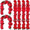 Crowye 20 Pcs Christmas Poinsettia Garland with Holly Leaves Artificial Poinsettia Flower Vines Xmas Rattan Ornament for Mantle Fireplace Table Indoor Outdoor Garland Christmas Decor