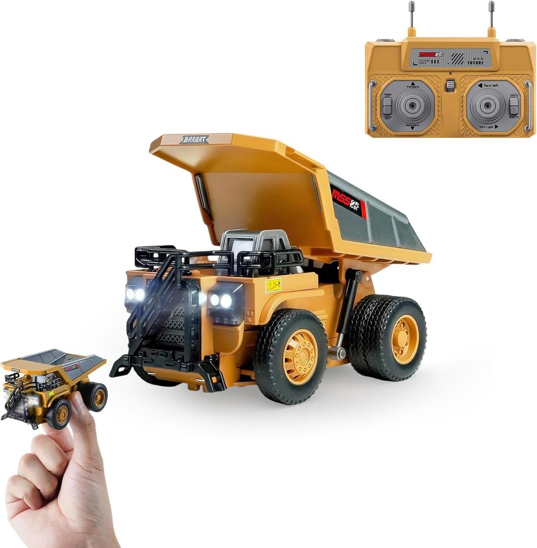 BRRRRT 1/64 RC Dump Truck, Mini Dump Truck Toy,8-Channel Remote Control Toy with Metal Bed & Light, RC Construction Vehicles, Type-C Built-in Battery, Birthday Gifts for Boys and Girls Age 3+