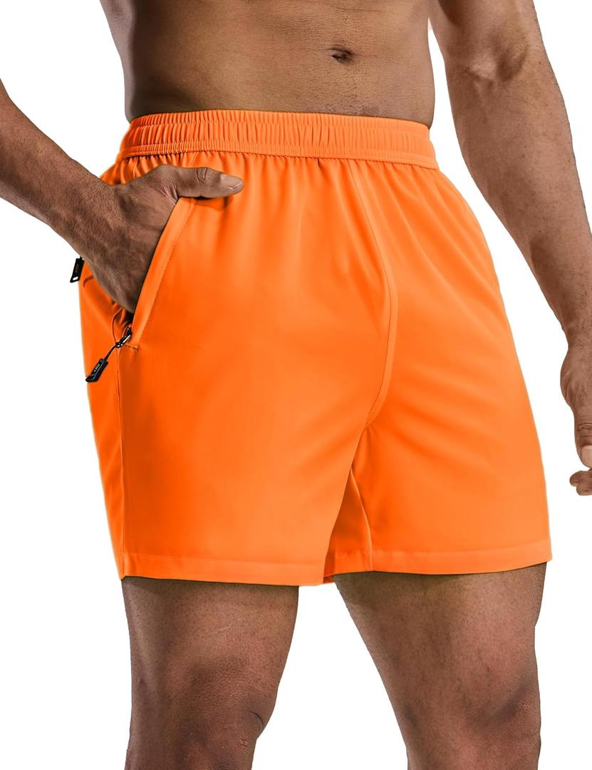 MIER Mens 5 Inch Shorts for Running Athletic Workout Dry Fit Gym Training Shorts with Zipper Pockets, No Liner (Large, Neon Orange)