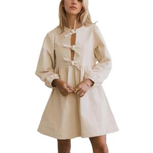 Women Corduroy Long Puff Sleeve Bow Tie Front Peplum Mini Dress A Line Ruffle Short Dress Cute Flowy Tunic Dress Apricot Smal