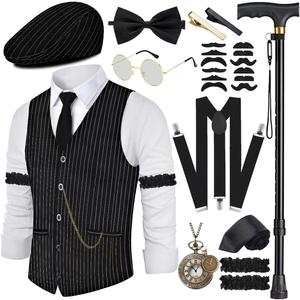 1920s Mens Costume Roaring 20s Costumes Accessories Set 1920s Vest Suspenders Hat Pocket Watch Tie (Black, L)