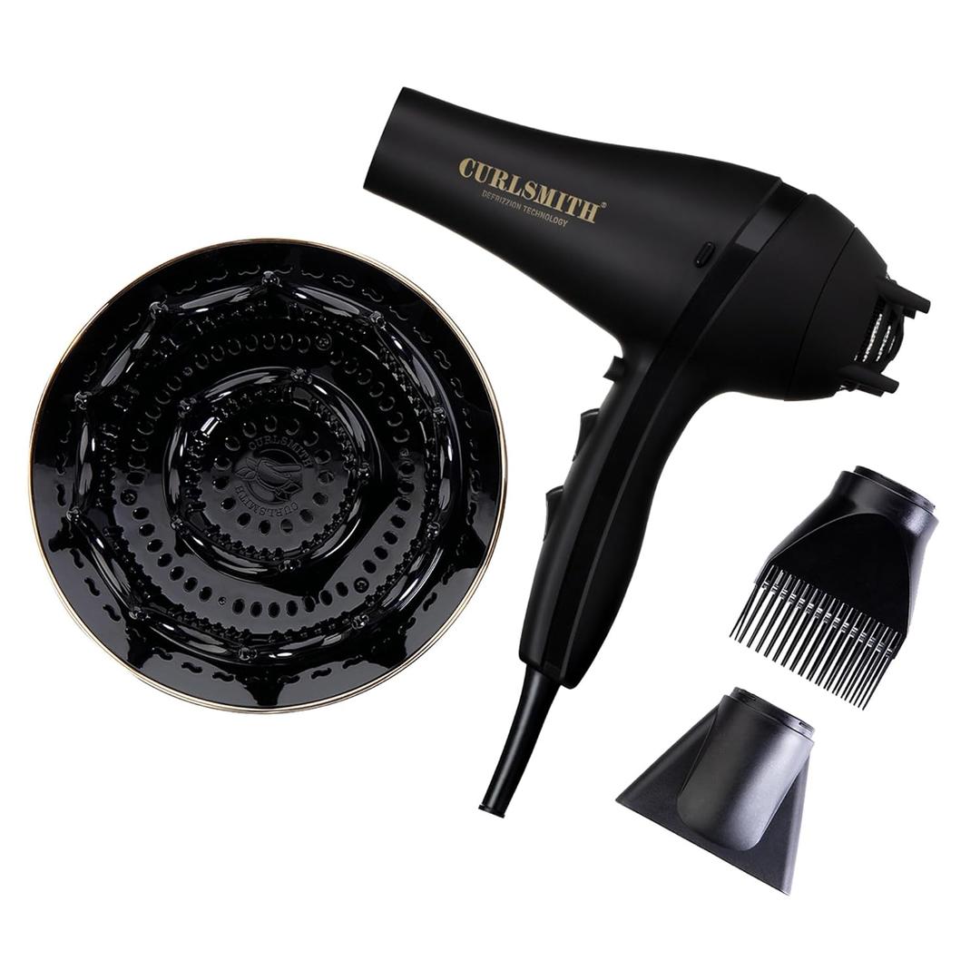 Curlsmith Defrizzion Hair Dryer - for Curly Hair w/Extra Large 8" Diffuser for Fast Drying, 2 Speeds, 3 Heat Settings, Sustained Cool Setting with Minimal Heat Impact