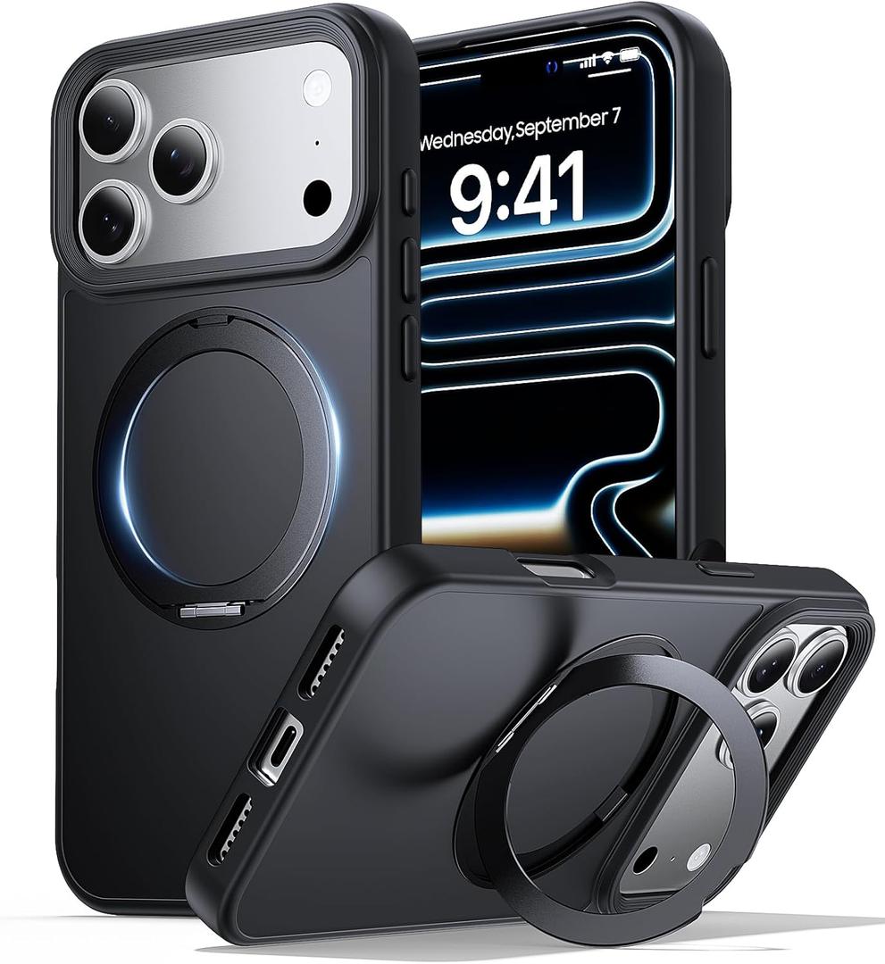 for iPhone 17 Pro Case with Stand Black, Fits MagSafe Ring, Military-Grade Drop Protection, Build in Kickstand,Slim Matte Finish Shockproof Phone Cover 6.3"