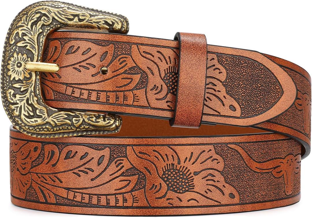 WOWOGO Western Cowgirl Belts for Women Country Cowboy Vintage Leather Engraved Buckle Belt for Jeans Dresses (Fit waist 34-37 inches, 05-brown(flower & Cow))