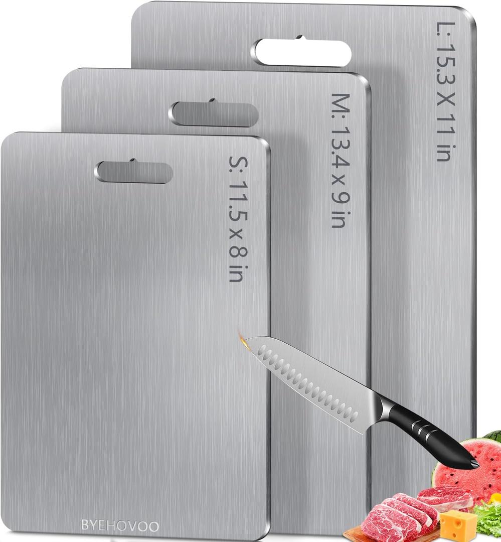 Titanium Cutting Boards for Kitchen [Set of 3], Double Sided Pure Titanium Cutting Board | Easy to Clean | Dishwasher Safe | Food-Grade Raw & Cooked Foods or Outdoor Camping Chopping Board (Silver)