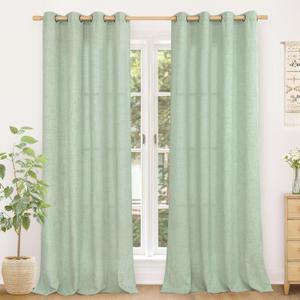 YoungsTex Sage Green Linen Curtains 84 Inches Long, Light Color Semi Sheer Drapes with Bronze Grommet Light Filtering Spring Decor for Bedroom Living Room Window, 52 X 84 Inch, 2 Panels