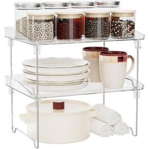 2 Pcs Cabinet Organizer ShelfStackable Kitchen Counter Shelves, Spice Rack,Countertop OrganizersClear Plastic Storage Shelves Rack for MakeupBathroom, CupboardDeskPantry Organization