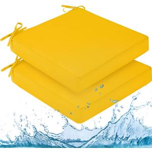 downluxe Waterproof Outdoor Chair Cushions for Patio Furniture, 24" x 24" x 4" Patio Chair Cushion with Adjustable Ties & Portable Handle, Square Outdoor Cushion with Removable Cover, Yellow, 2 Pack