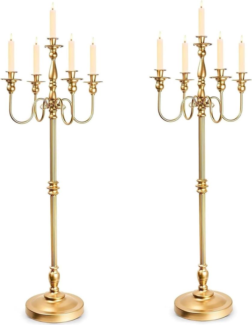 Floor Candelabra Tall 5 Arms Candle Holders for Wedding Centerpiece, 48" Gold Metal Candlestick for Taper Candle and Floral Centerpiece Stand Wedding Event Aisle Party (Pack of 4)