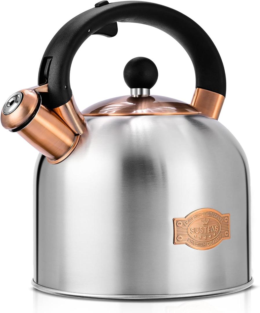 SUSTEAS Tea Kettle - 3.17QT Whistling Kettle with Ergonomic Handle - Premium Stainless Steel Tea Pots for Stove Top, Chic Vintage Teapot with Composite Base, Work for All Stovetops (Silver), 3.2 Quarts