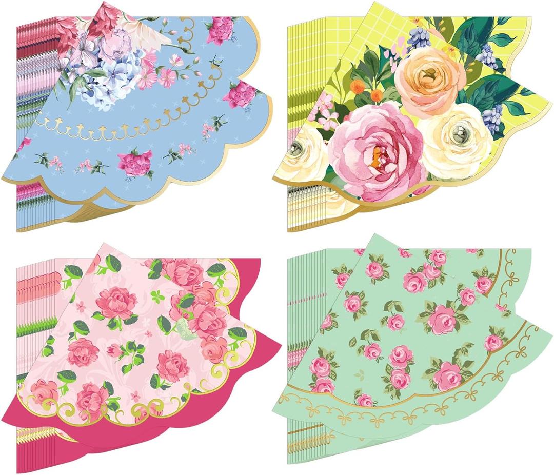 Dandat 100 Pcs Floral Tea Party Napkins 3 Ply Disposable Vintage Flower Guest Napkins Scalloped Tea Party Dinner Table Paper Towels for Birthday Baby Shower Wedding Decor Supplies(Classic Styles)
