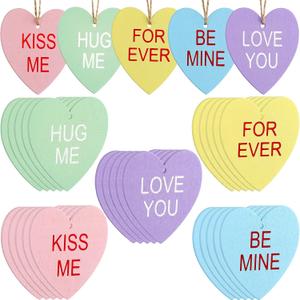 2 x Youyole 30 Pieces Valentine's Conversation Heart Ornaments Wooden Candy Heart Shaped Hanging Wood Embellishment Hanging Ornament Kiss Me Hug Me Love Be Mine Forever for Valentine Decor Party Supplies