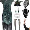 Women's Flapper Dresses 1920s Sequin Fringe Beaded Cocktail Crew Neck Dress Roaring 20s Accessories Vintage Lace Fan Headband (Medium, Black Green)
