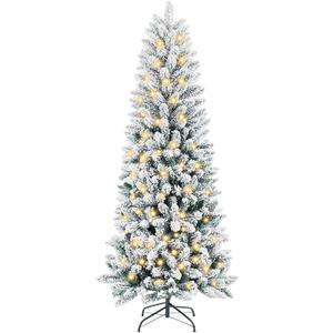 Sweetcrispy 6ft Snow Flocked Pencil Christmas Tree, Prelighted Artificial Slim Christmas Trees with 250 Incandescent Lights, 571 Branch Tips & Foldable Base for Home, Office, Party Decoration (Pencil-green & White)
