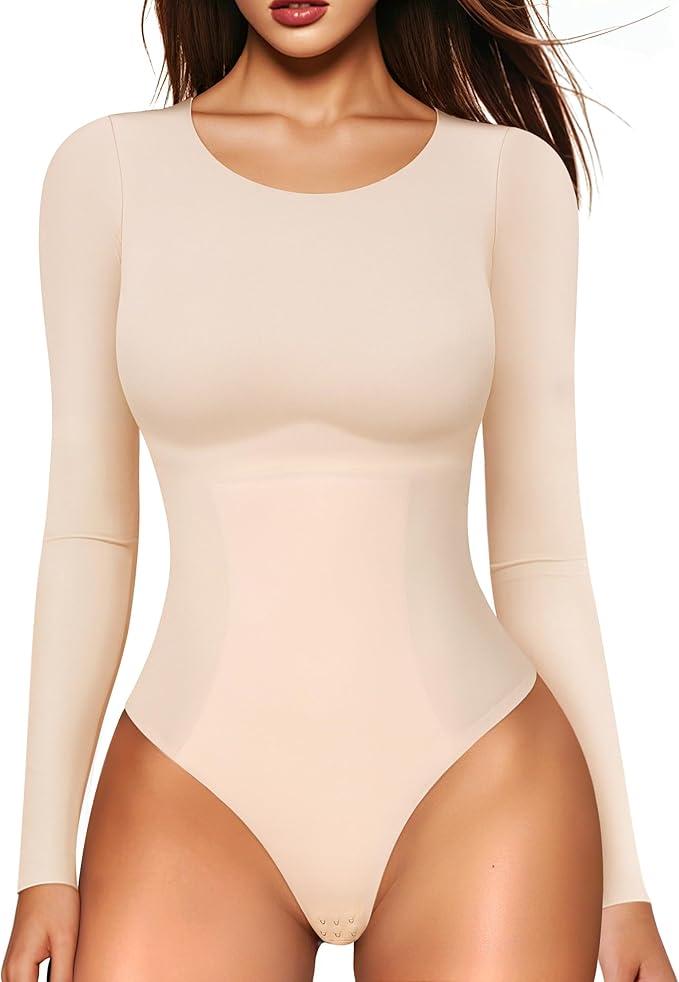 LODAY Womens Long Sleeve Bodysuit Tummy Control Shapewear Crew Neck Body Suits Top, M