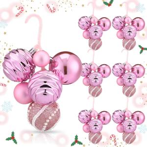 Soulchen 6 Set/36 Pcs Pink Christmas Ball Clusters 1.2" to 2.4" Bubble Gum Pink Ornaments for Christmas Tree DIY Xmas Wreath Shatterproof Glittered Ball Clusters Hanging Ornaments for Xmas Home Decor