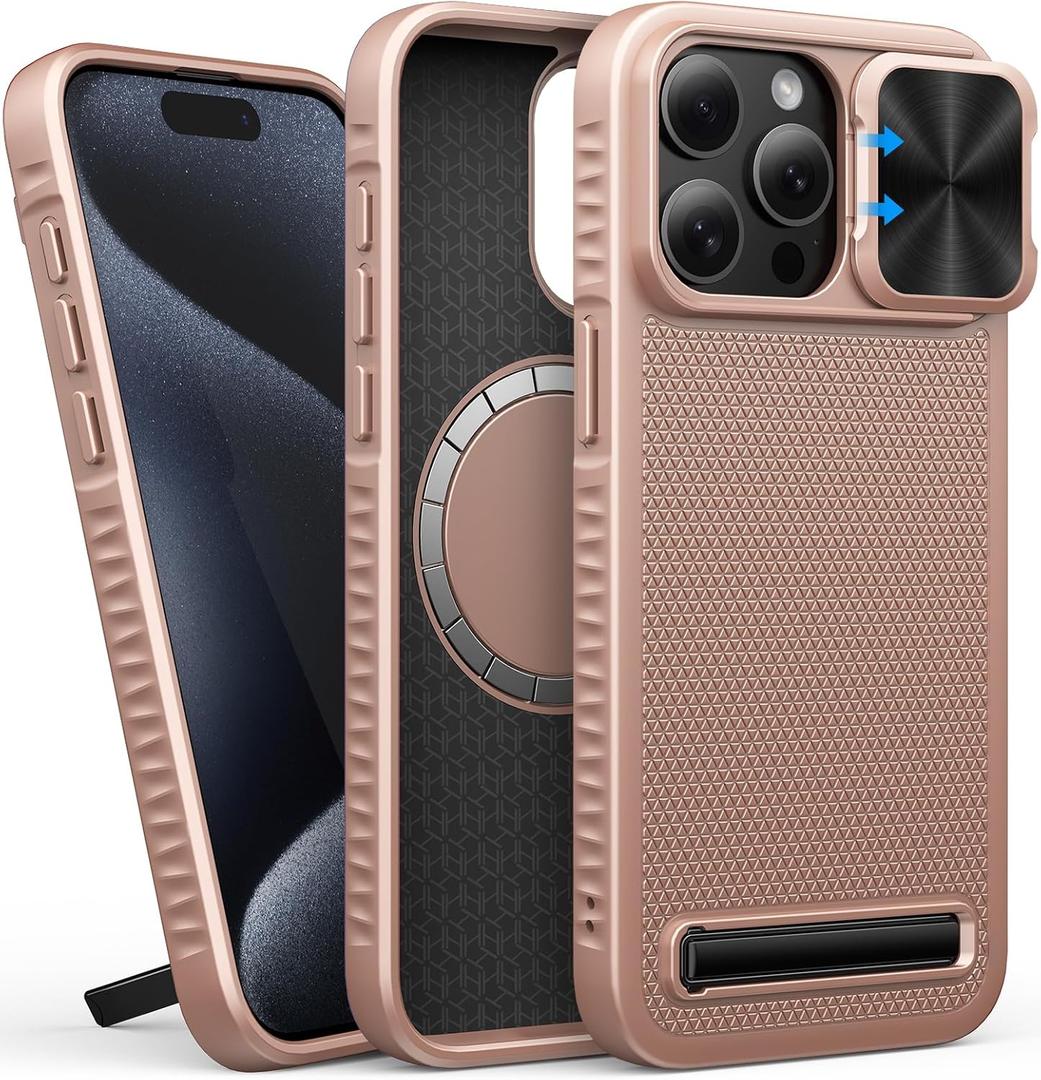 for iPhone 15 Pro Max Case Compatible with MagSafe, Built-in Kickstand & Slide Lens Cover, Military-Grade Drop Protection Rugged Hard Magnetic Phone Case for iPhone 15 Pro Max 5g 2023, Rose Gold