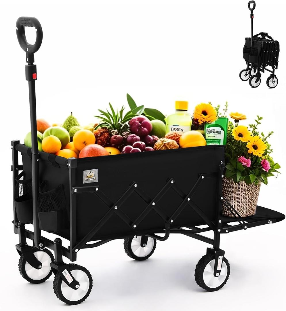 Folding Wagon Cart with Wheels and Tailgate, 330 lbs 120 l Capacity, Adjustable Handle, Portable Collapsible Utility Wagon Cart for Groceries, Outdoor Camping, Shopping, Garden (Black)