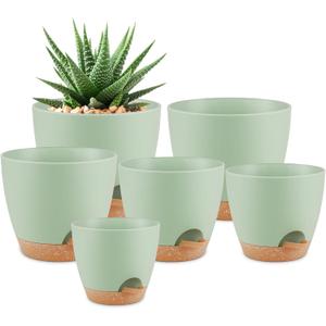 QRRICA Plant Pots 8/7/6.5/6/5.5/5 Inch Self Watering Pots, Set of 6 Plastic Planters with Drainage Holes and Saucers,Plastic Flower Pots,Nursery Planting Pot for Indoor Out Door PlantsGreen
