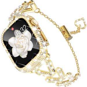 KADES Band & Case Designed for Apple Watch Series 46mm 45mm 44mm 42mm 41mm 40mm 38mm for Women, Metal Strap with Bling Rhinestone Screen Protector Cover for iWatch 10 9 8 7 6 5 4 SE SE2 3 2 1