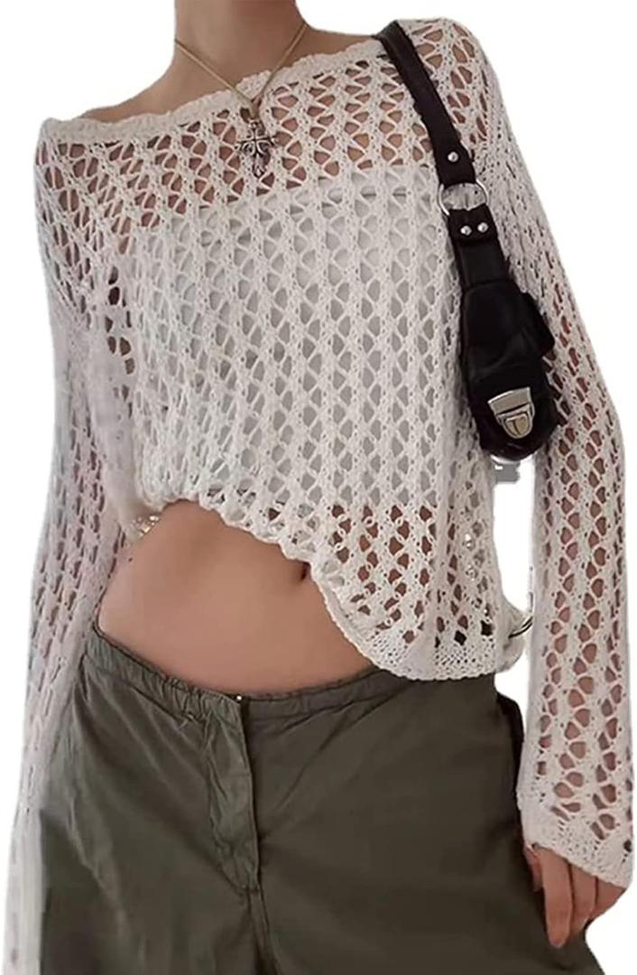 Women Knit Crochet Hollow Out Fishnet Top Long Sleeve See Through Mesh Shirt Sexy Club Streetwear, Size: S/M