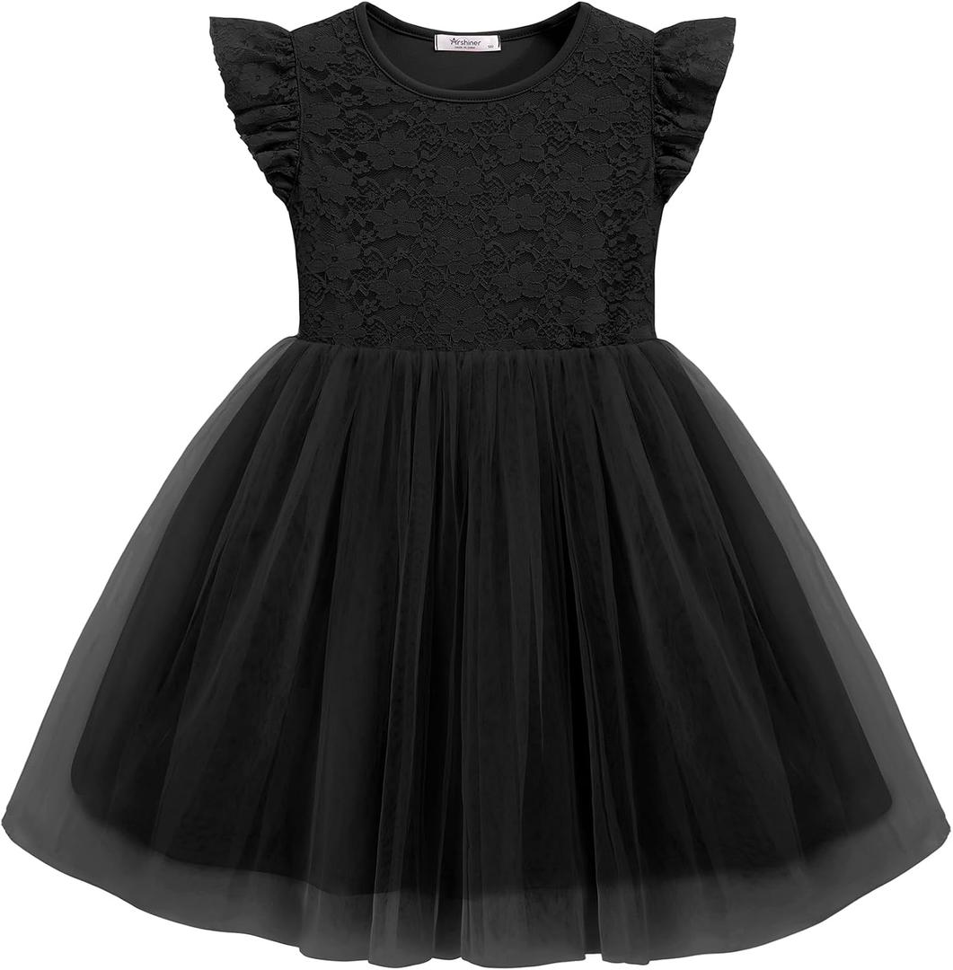 Arshiner Toddler Girls Lace Tutu Dresses Tulle Ruffle Sleeve Summer Flower Princess Special Occasion Church Little Girl Outfit Black 3t