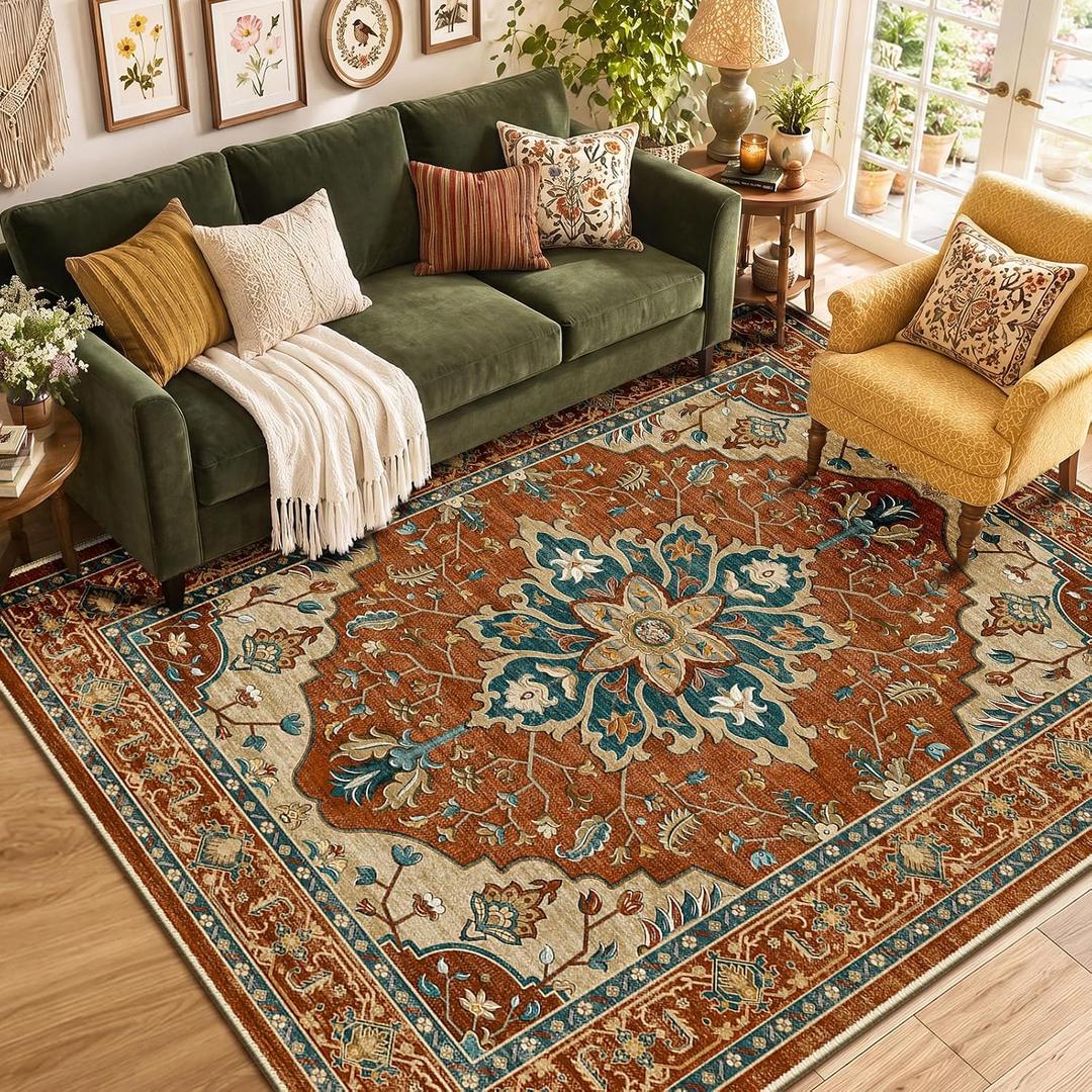 RELEANY Washable Area Rug, 6'x9', Red/Orange/Blue/Brown