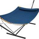 SUPERJARE Curved-Bar Hammock with Stand, 2 Person Heavy Duty Hammock Frame, Detachable Pillow & Portable Carrying Bag, Perfect for Outdoor & Indoor, Navy Blue