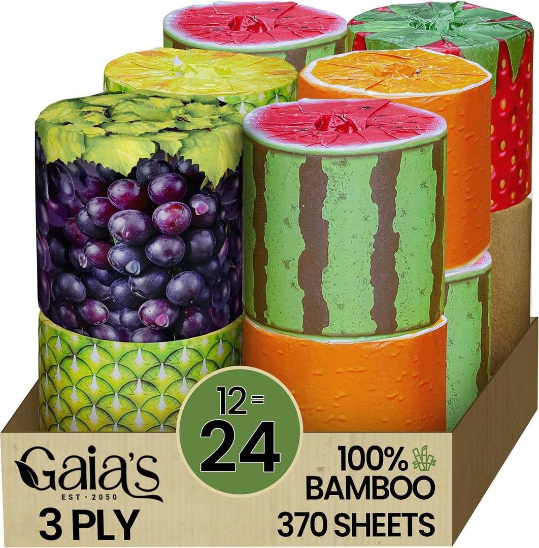 Gaias Premium and Soft Fruit TP Organic Bamboo Toilet Paper | 12 Mega Rolls, 3 Ply, 370 Sheets | FSC Certified, PFAS & BPA Free, Eco-Friendly, Sustainable Tissue - Plastic Free, Septic Safe, Vegan