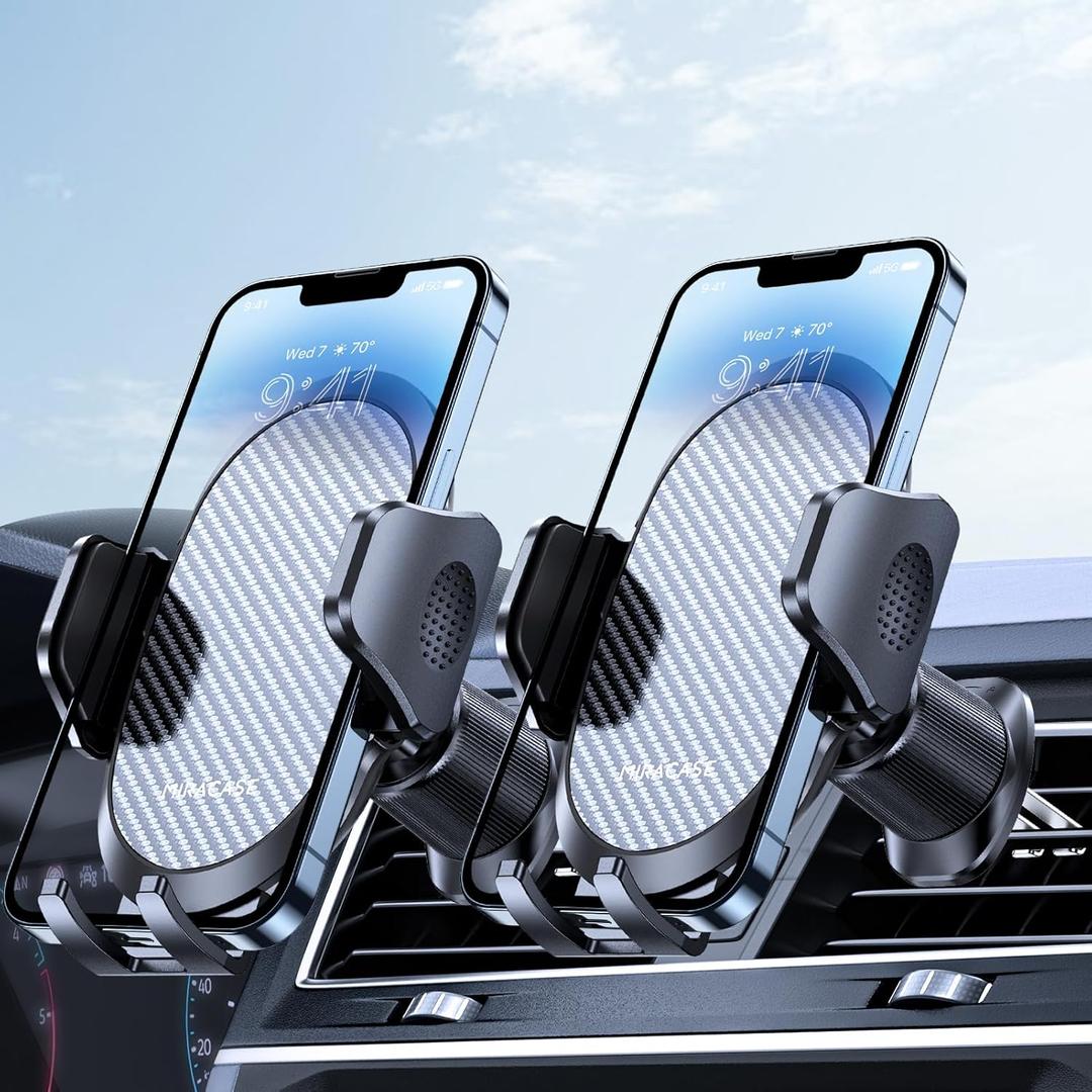 Miracase Phone Holders for Your Car with Metal Hook Clip, Air Vent Cell Phone Stand Car Mount, Universal Automobile Cradle for Garmin GPS Fit iPhone Android and All Smartphones, Carbon Fiber 2 Pack