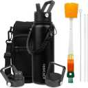 Insulated Water Bottle 40oz,Triple Wall Vacuum Stainless Steel(Dishwasher Safe),Leak Proof & Non-BPA,Flask Jug with Paracord Handle & Straw Spout Lids Sports Black