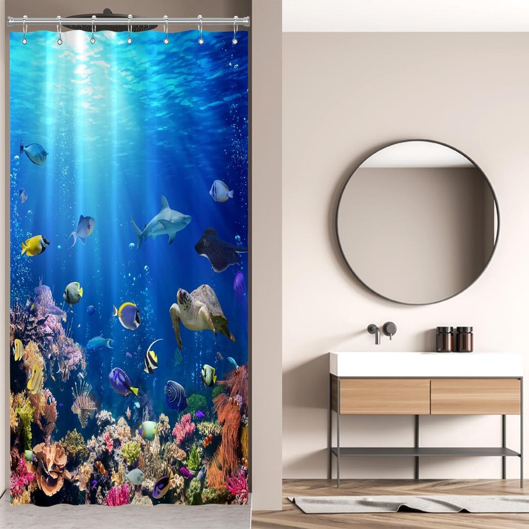 Ocean Underwater World Shower Curtain Colorful Tropical Fishes Turtle Coral in The Deep Sea Home Dcor Waterproof Fabric 72Lx36W Inch Blue Plastic Hooks