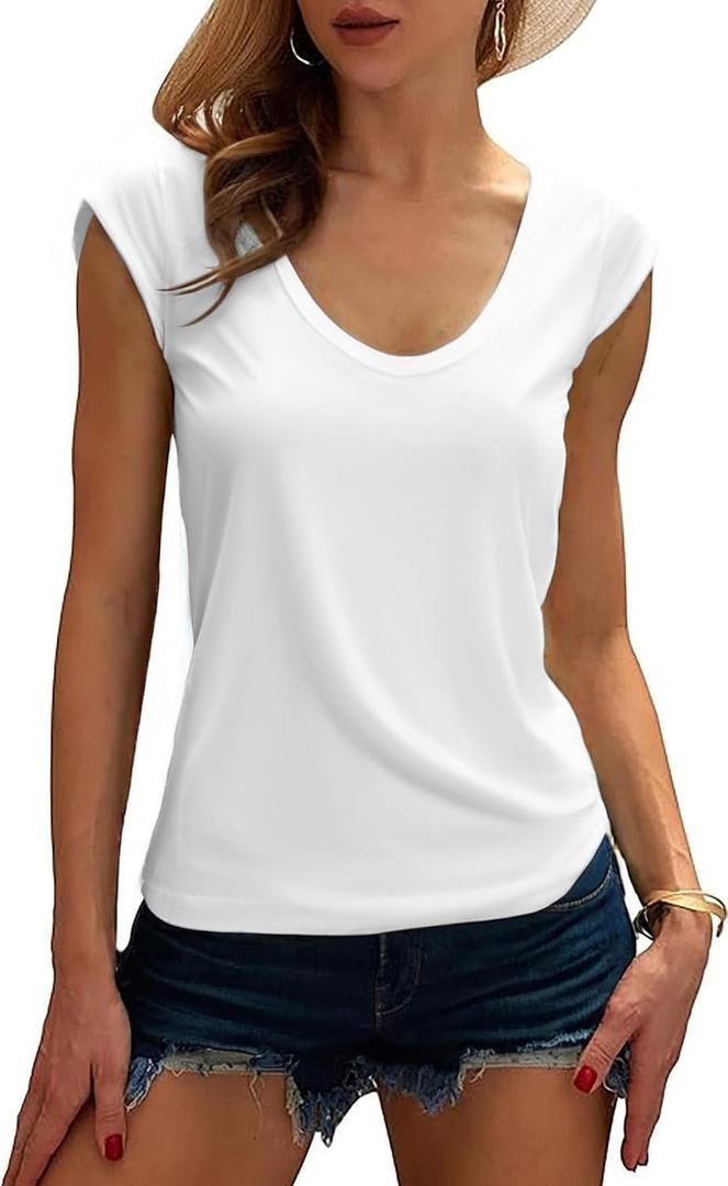 Women's V Neck Basic T Shirts Modal Cap Sleeve Tops Casual Solid Tank Tees, S 