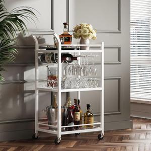 TUTOTAK Bar Cart, Home Bar Serving Cart with 3-Tier Mirrored Shelf, Mobile Kitchen Shelf, Rolling Beverage Cart, White BC01BW034