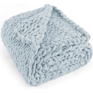 Chunky Knit Throw Blanket 60"X 80", 100% Handmade with Soft Chenille Yarn, 6.7lbs Thick Cable Knitted Blankets, Large Rope Knot Crochet Throws for Couch Sofa Bed Home Decor, Baby Blue