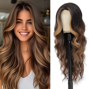 Long Brown Mixed Blonde Wigs for Women Highlights 26inch Wavy Curly Wig Natural Looking Middle Part Synthetic Heat Resistant Hair Replacement Wigs for Daily