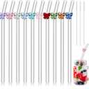 Meanplan 10 Pcs Cute Reusable Glass Straws with Design,8 mm x 7.9'' Shatter Resistant Butterfly Bow Clear Bent Glass Straw with Cleaning Brush for Drink Party Milkshakes Juice (Mixed Color)